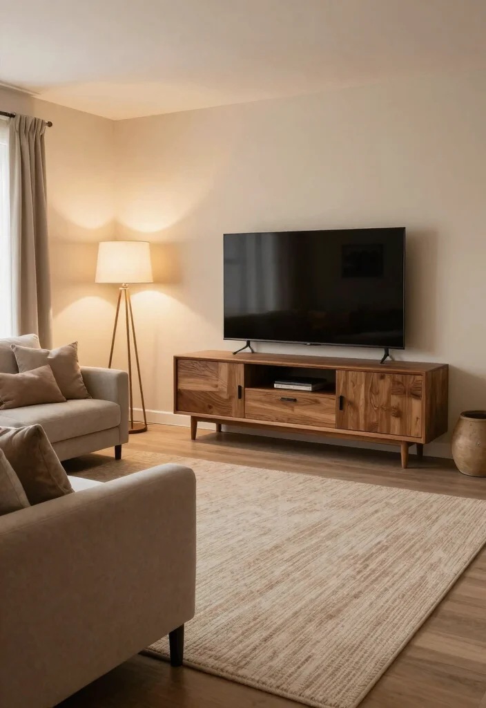 15 Cozy Living Room With TV Ideas Comfortable and Inviting - 6. Warm Neutrals 1