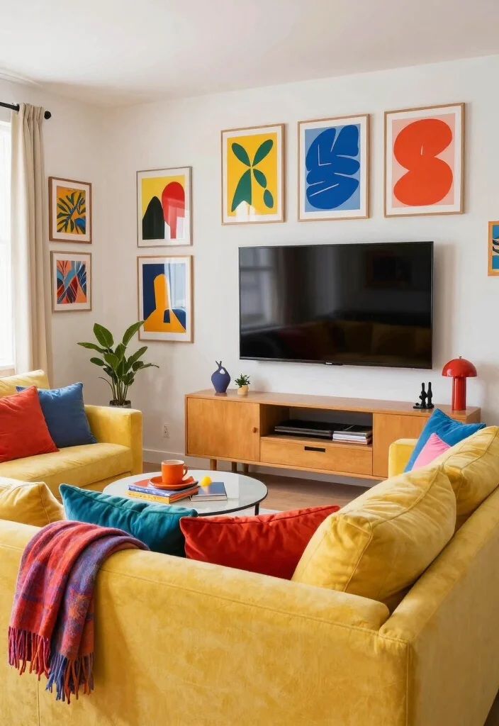 15 Cozy Living Room With TV Ideas Comfortable and Inviting - 8. Colorful and Fun 1