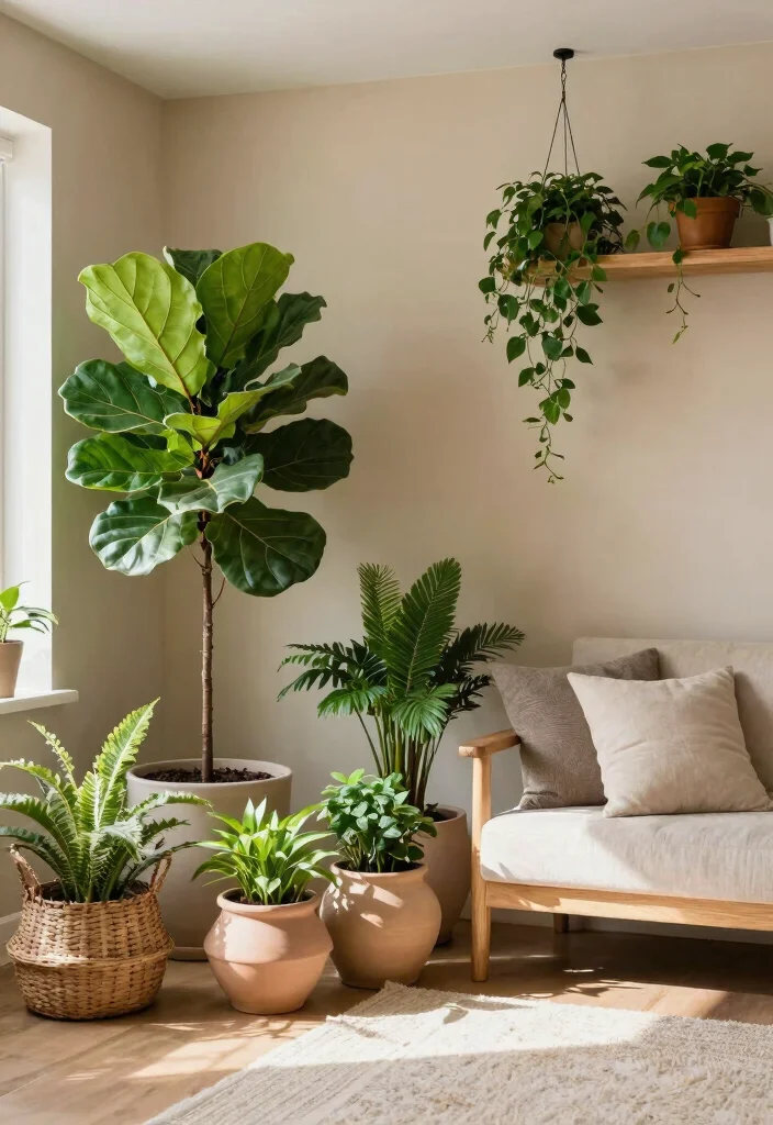 15 Khaki Living Room Ideas: Soft Neutral and Calm - 4. Natural Greenery Accents 1