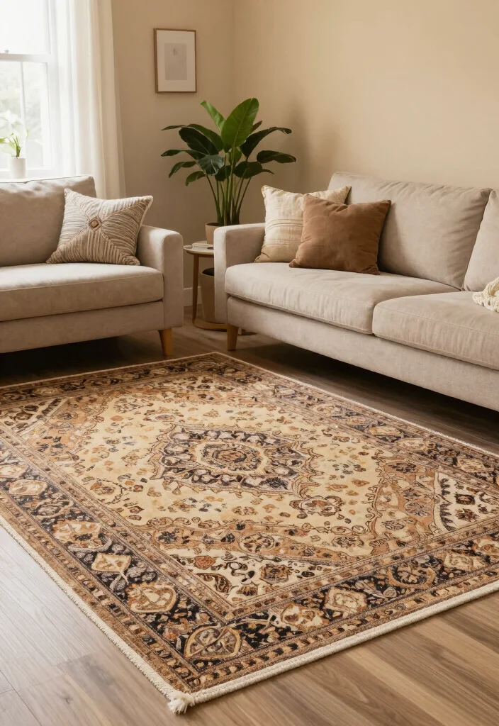 15 Khaki Living Room Ideas: Soft Neutral and Calm - 8. Statement Rugs 1