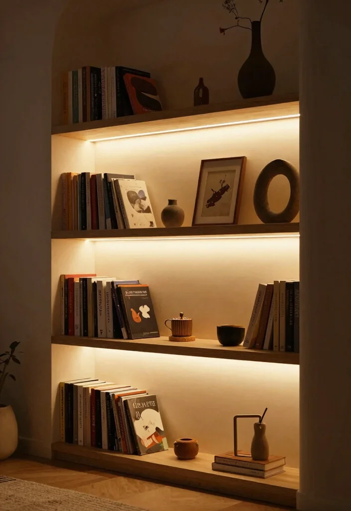 15 Living Room Bookshelves Decor Ideas Stylish and Layered - 9. Incorporate Lighting Elements 1