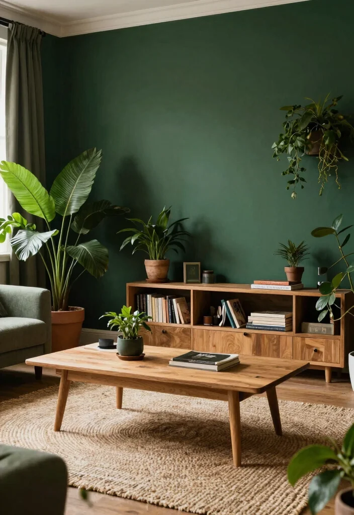 15 Living Room Palette Ideas Harmonious Color Schemes - 6. Deep Forest Greens with Warm Woods 1