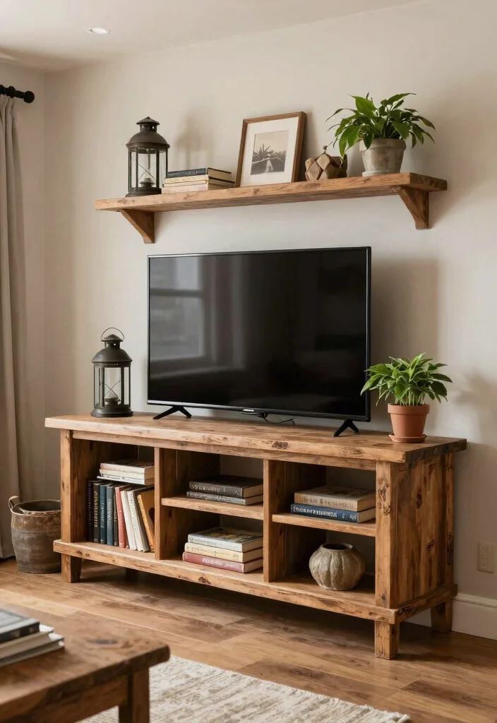 15 Living Room Stand Ideas Functional Media Styling - 12. Rustic Farmhouse Stand 1