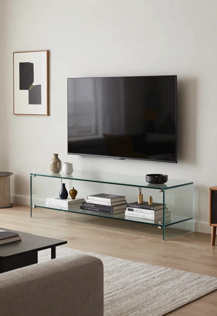 15 Living Room Stand Ideas Functional Media Styling - 13. Sleek Glass Media Stand 1