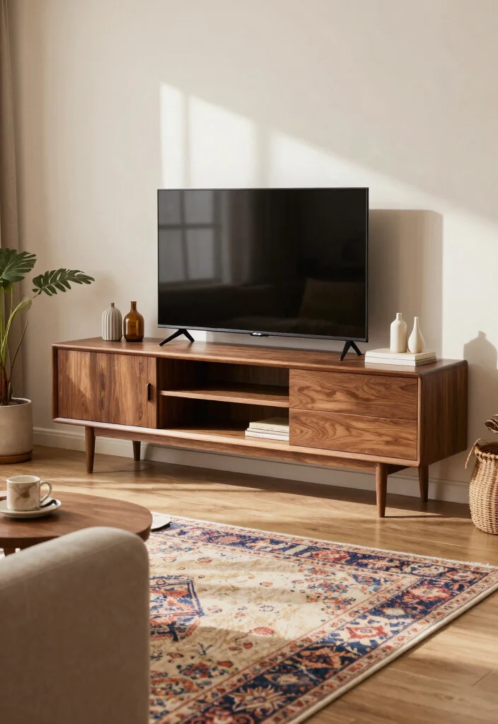 15 Living Room Stand Ideas Functional Media Styling - 14. Mid-Century Modern Stand 1