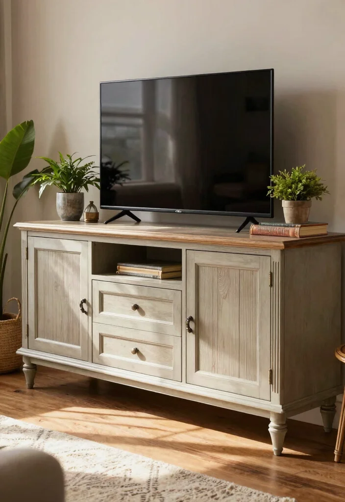 15 Living Room Stand Ideas Functional Media Styling - 3. Vintage Media Cabinet 1