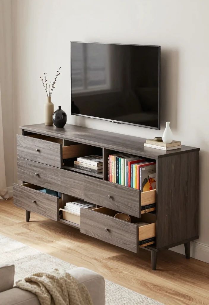 15 Living Room Stand Ideas Functional Media Styling - 4. Multi-Functional Console Table 1