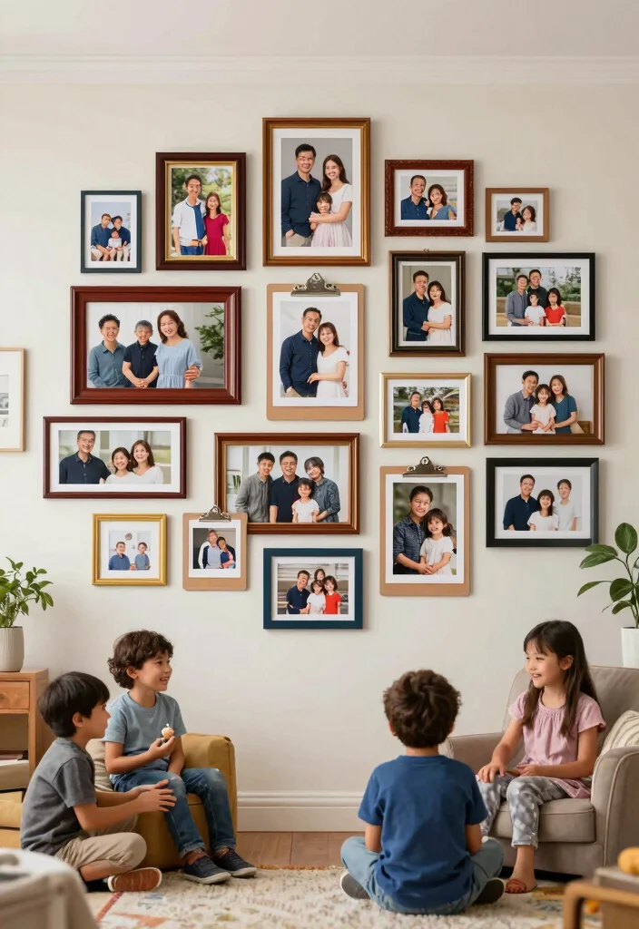 15 Living Room With Kids Area Ideas Stylish and Practical - 14. Fun Family Photo Wall 1