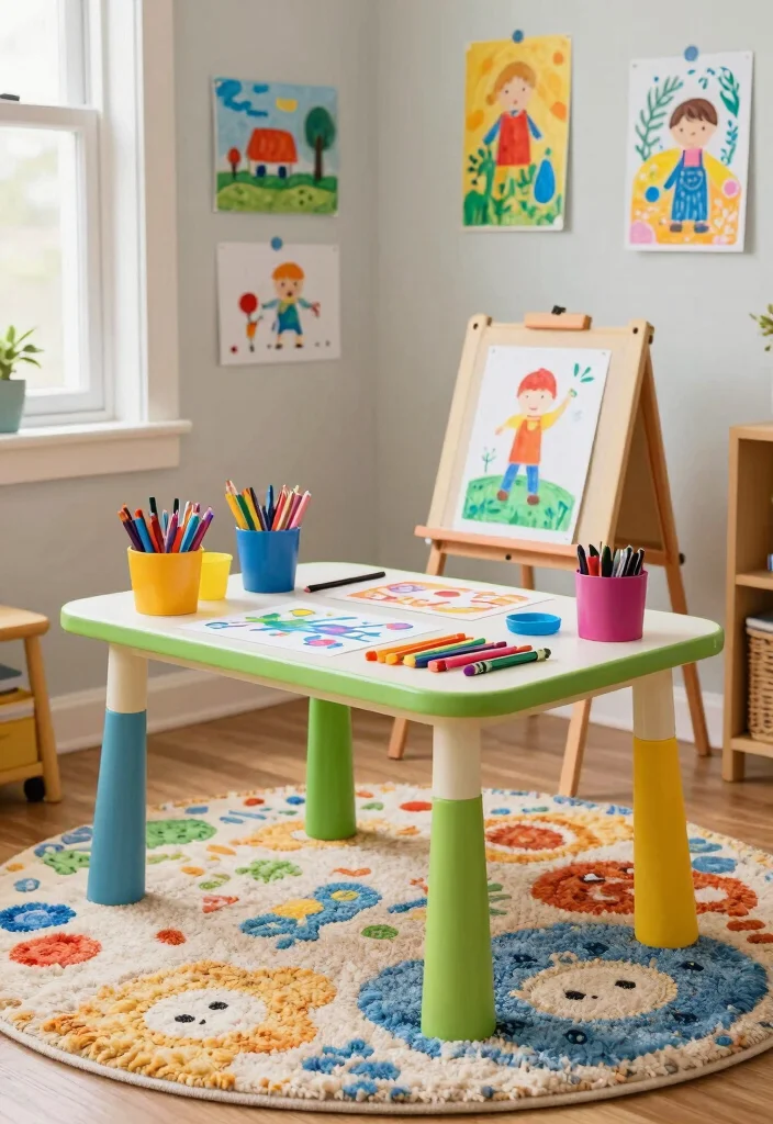 15 Living Room With Kids Area Ideas Stylish and Practical - 8. Kid-Friendly Art Station 1