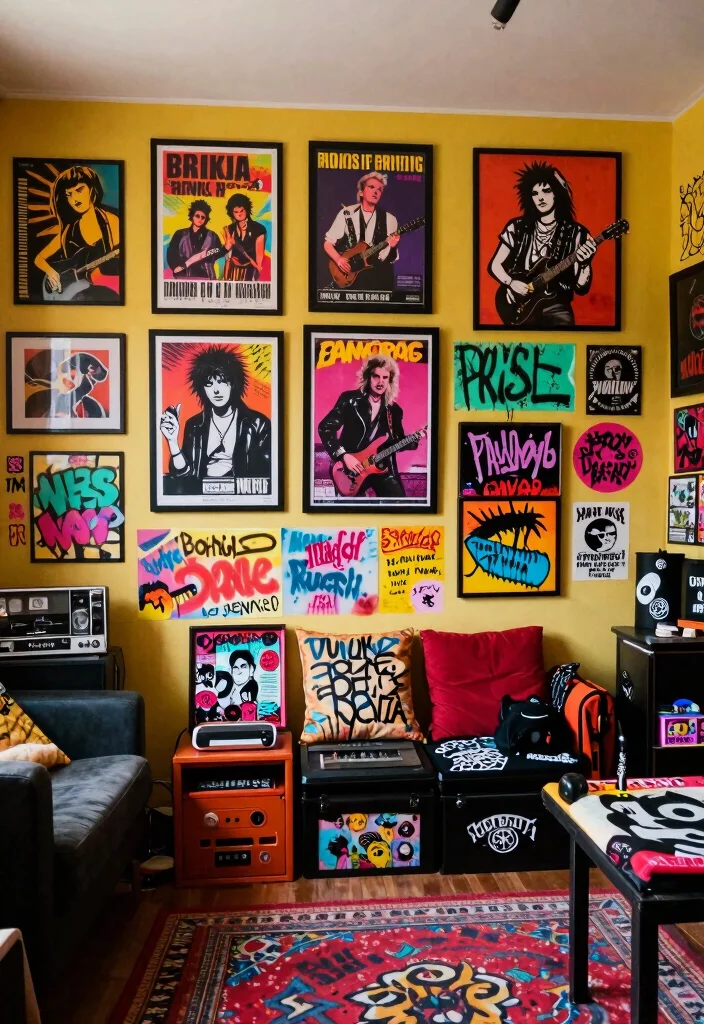 15 Punk Living Room Ideas: Bold Rebellious Style - 1. Retro Punk Wall Art 1