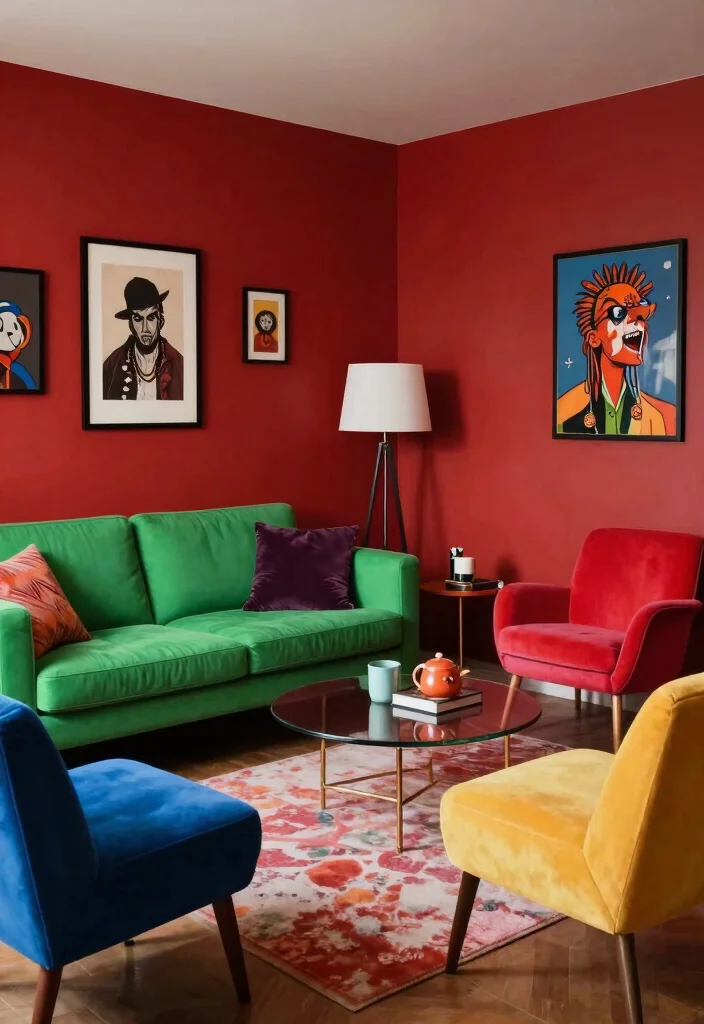 15 Punk Living Room Ideas: Bold Rebellious Style - 7. Bold Color Palette 1
