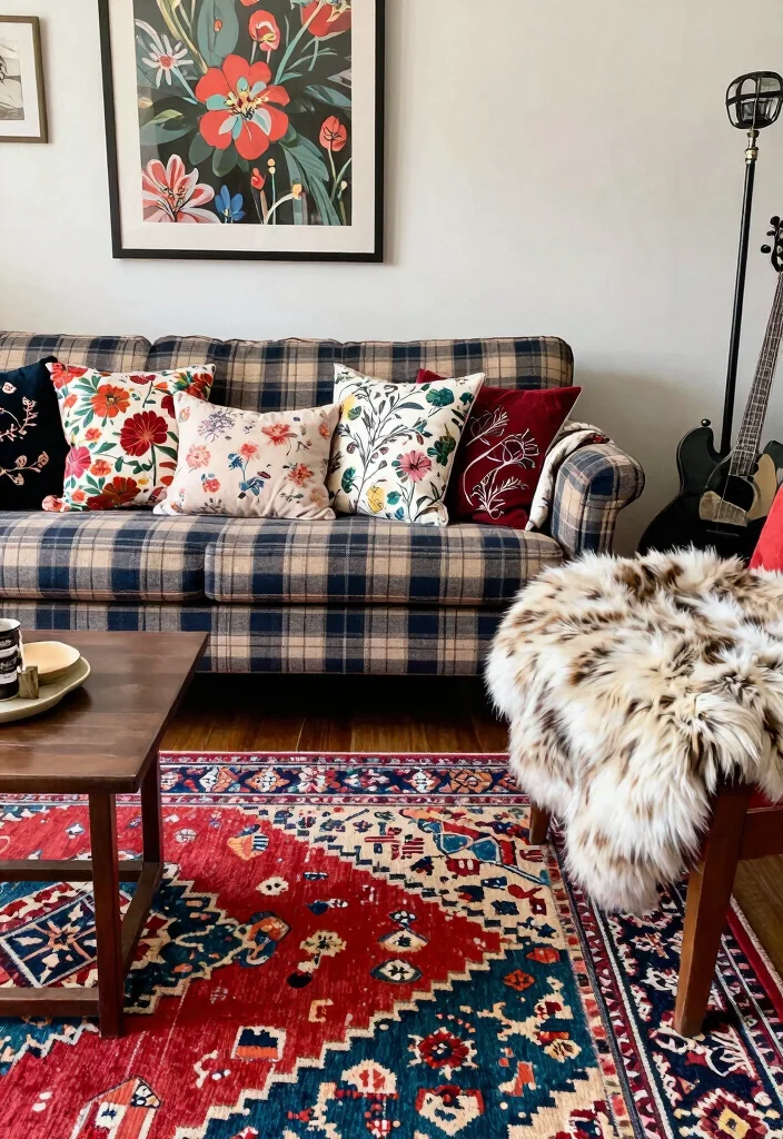 15 Punk Living Room Ideas: Bold Rebellious Style - 8. Mixing Patterns and Textures 1