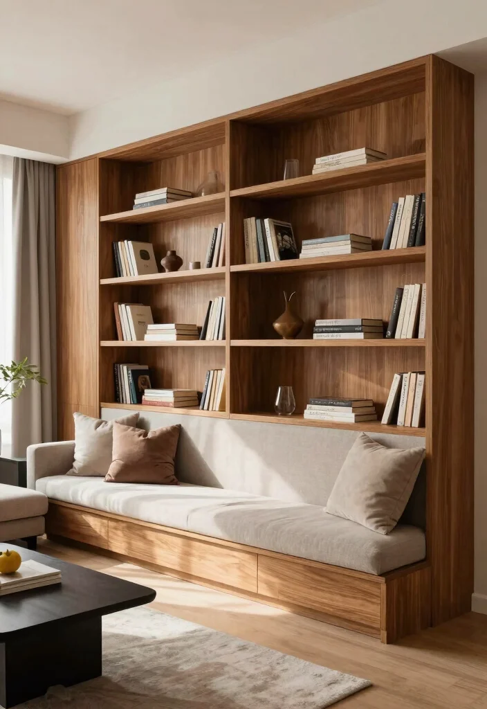 15 Split Living Room Ideas Zoned and Functional - 6. Incorporate Built-in Furniture 1