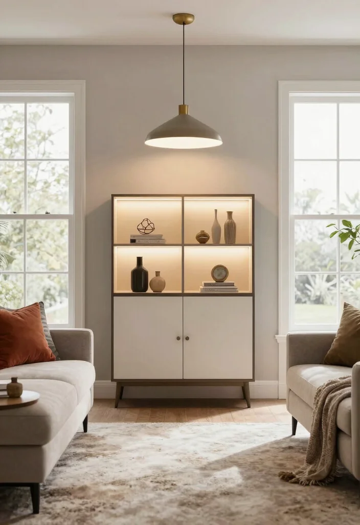 16 Cabinet Living Room Ideas: Functional and Elegant - 14. Statement Lighting with Cabinets: Illuminate Style 1