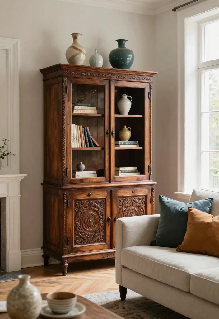 16 Cabinet Living Room Ideas: Functional and Elegant - 6. Vintage Cabinet Finds: Timeless Charm 1