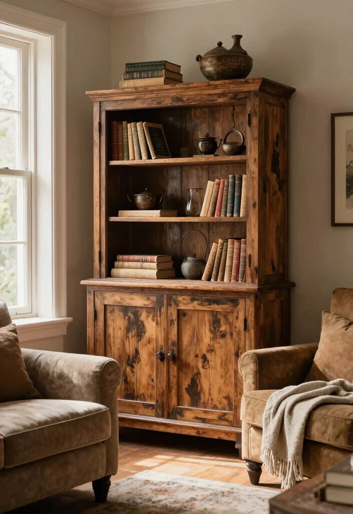 16 Cabinet Living Room Ideas: Functional and Elegant - 9. Rustic Cabinets: Nature’s Touch 1