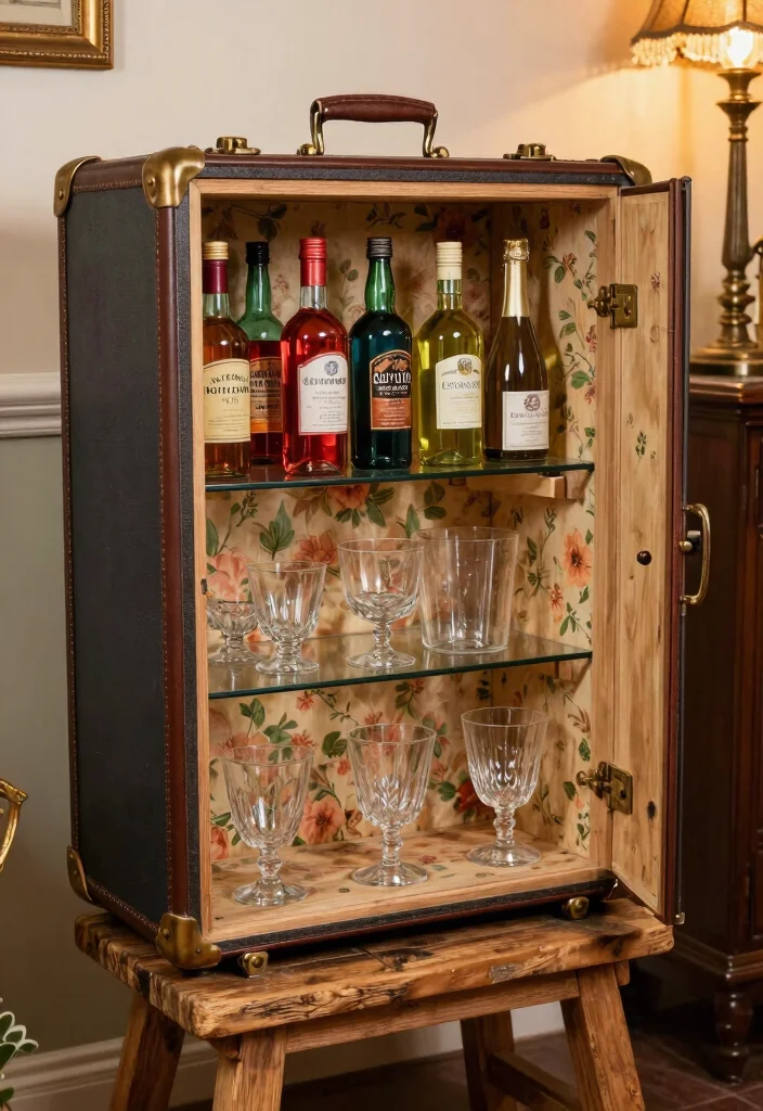 16 Living Room Bar Cabinet Ideas Chic Entertaining Storage - 9. Vintage Suitcase Bar Cabinet 1