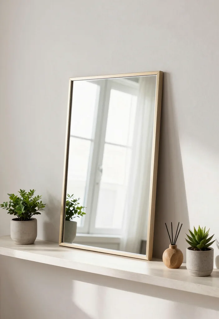 16 Living Room Ledge Decor Ideas for Simple Styled Displays - 11. Minimalist Mirrors 1