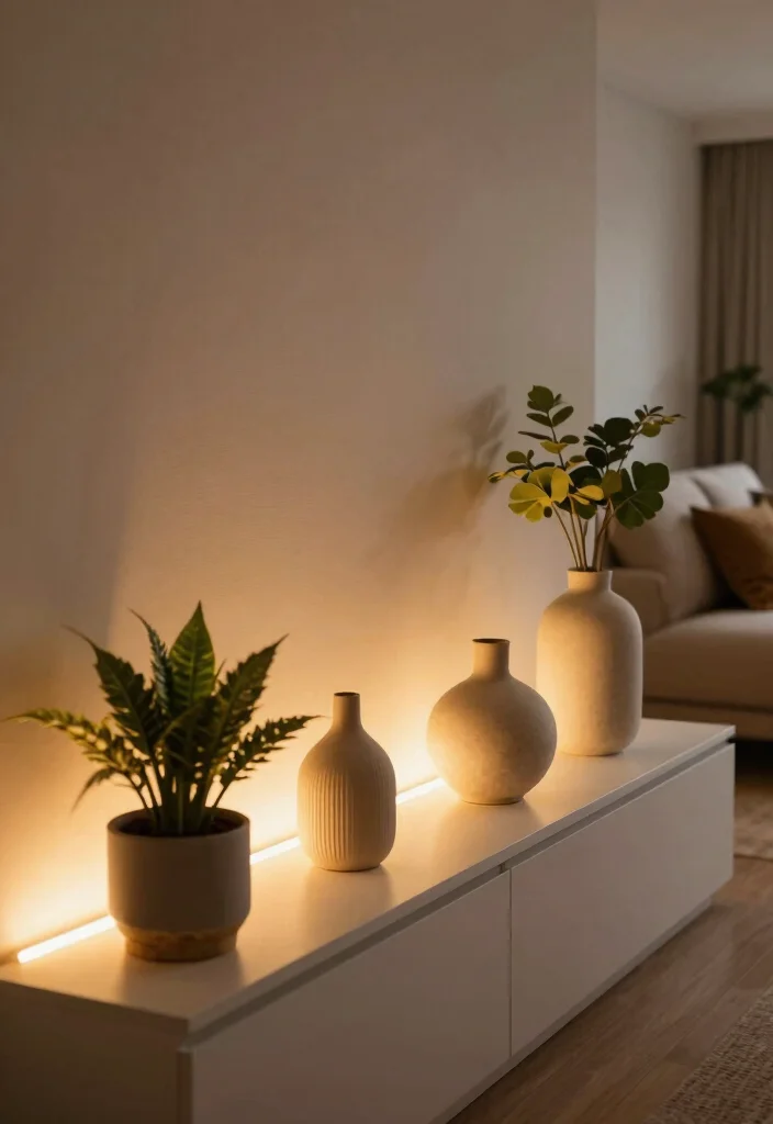 16 Living Room Ledge Decor Ideas for Simple Styled Displays - 16. Innovative Lighting 1