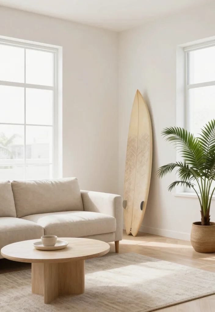 16 Surf Living Room Ideas: Breezy Coastal Cool - 11. Minimalist Surf Style 1