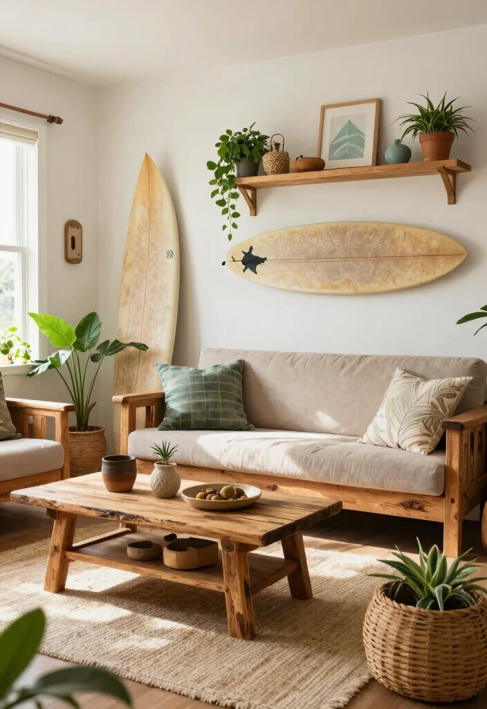 16 Surf Living Room Ideas: Breezy Coastal Cool - 14. Sustainable Surf Decor 1