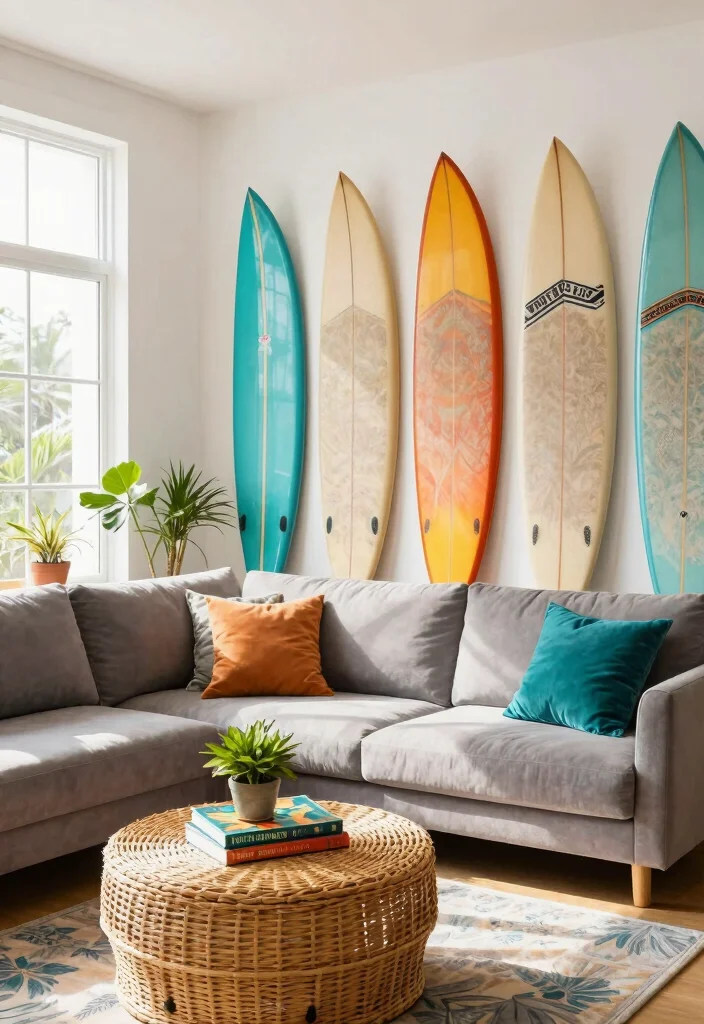 16 Surf Living Room Ideas: Breezy Coastal Cool - 2. Surfboard Decor 1