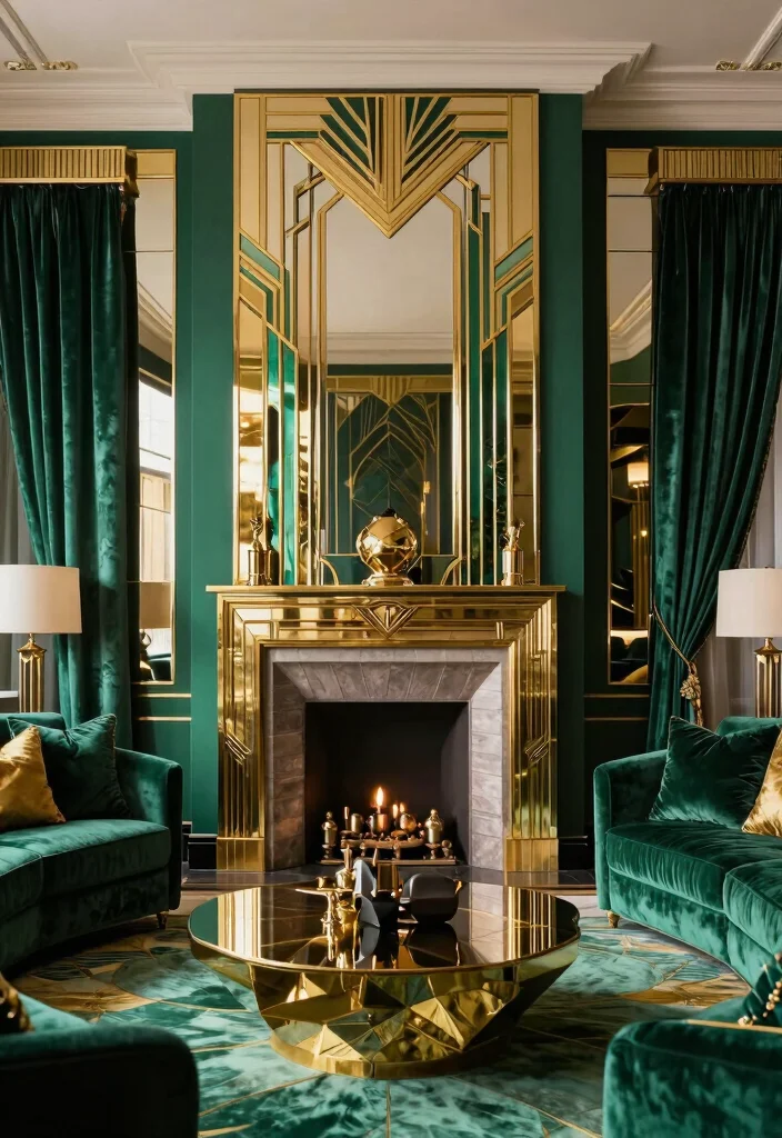 17 Chimney Living Room Ideas: Cozy Focal Point Designs - 10. Art Deco Delight: Glamour and Geometric Shapes 1