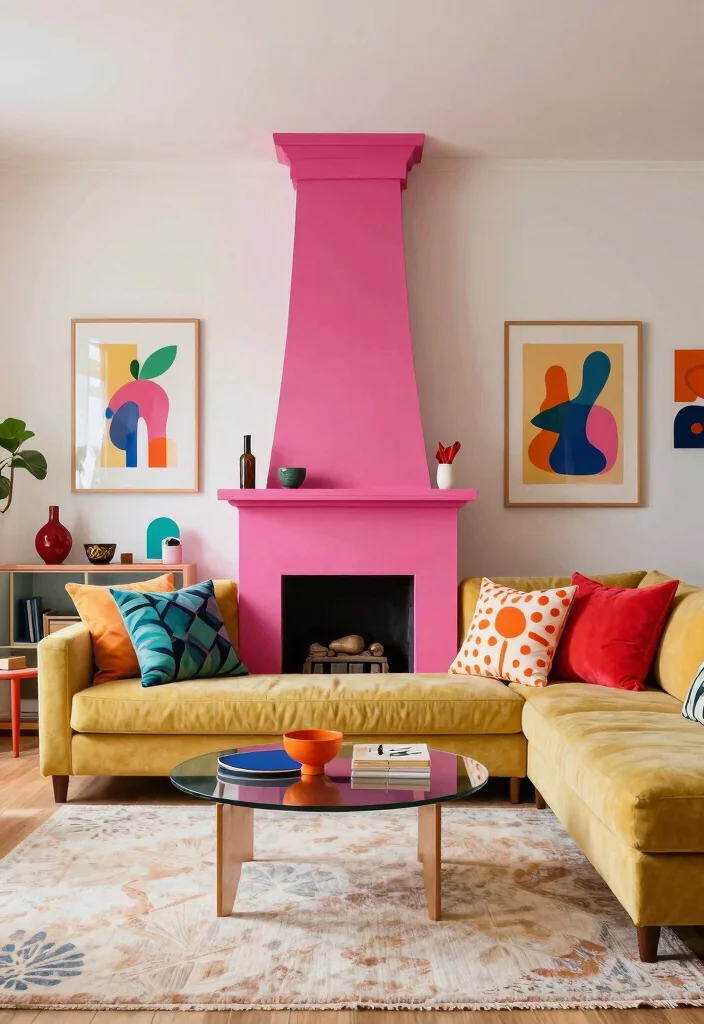 17 Chimney Living Room Ideas: Cozy Focal Point Designs - 12. Color Pop: Bright and Cheerful Accents 1