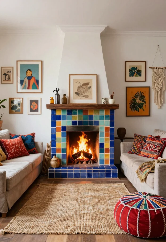 17 Chimney Living Room Ideas: Cozy Focal Point Designs - 4. Boho Bliss: Eclectic and Colorful 1