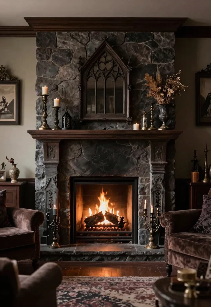 17 Goth Living Room Ideas: Dark, Moody, and Dramatic - 11. Cozy Fireplace or Hearth 1