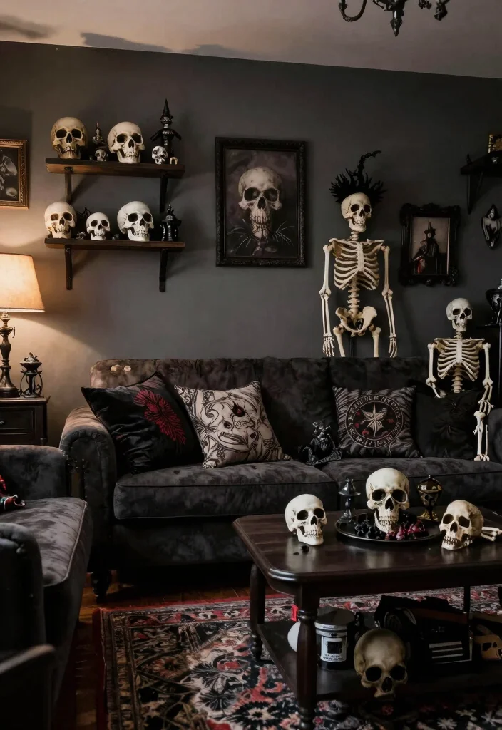 17 Goth Living Room Ideas: Dark, Moody, and Dramatic - 12. Macabre Accessories 1