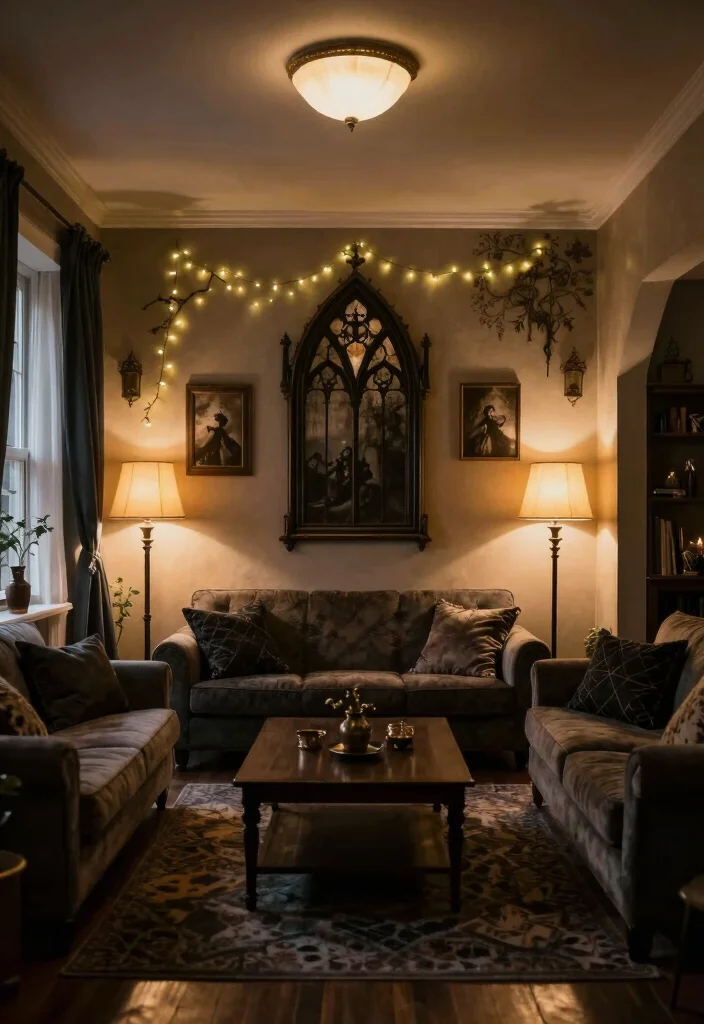 17 Goth Living Room Ideas: Dark, Moody, and Dramatic - 13. Layered Lighting Options 1