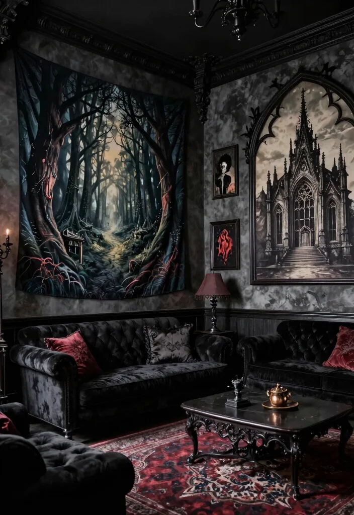 17 Goth Living Room Ideas: Dark, Moody, and Dramatic - 14. Gothic-Inspired Wall Art 1