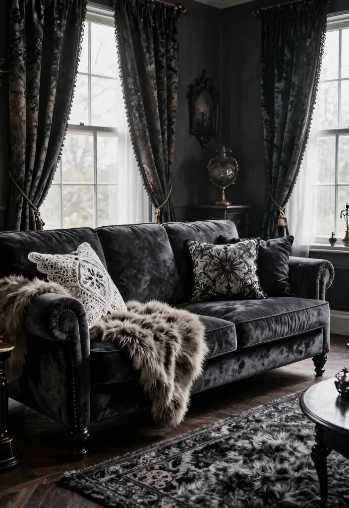17 Goth Living Room Ideas: Dark, Moody, and Dramatic - 6. Textured Fabrics and Throws 1
