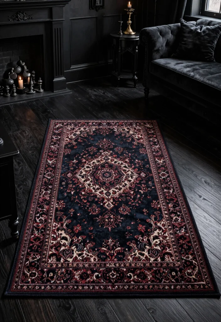 17 Goth Living Room Ideas: Dark, Moody, and Dramatic - 9. Unique Flooring Choices 1