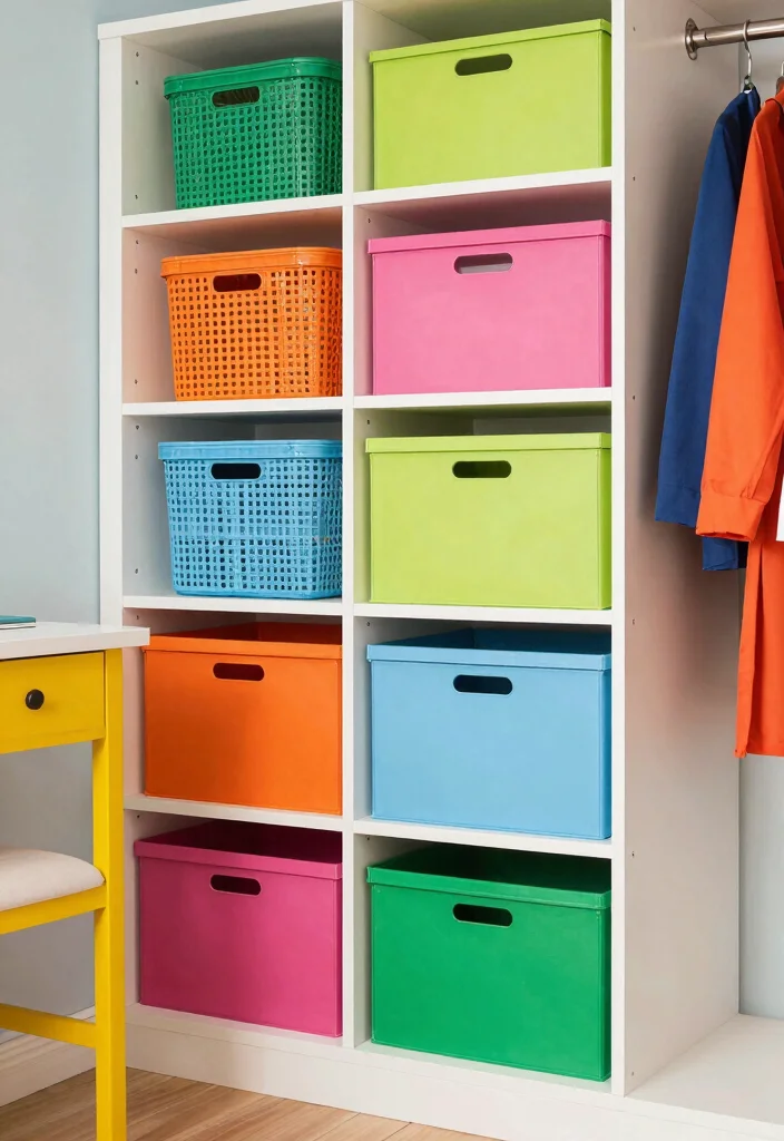 17 Living Room Closet Ideas for Hidden Storage Solutions - 13. Colorful Storage Solutions 1