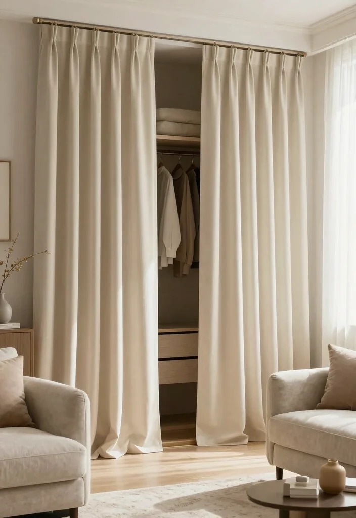17 Living Room Closet Ideas for Hidden Storage Solutions - 7. Curtains as Concealment 1