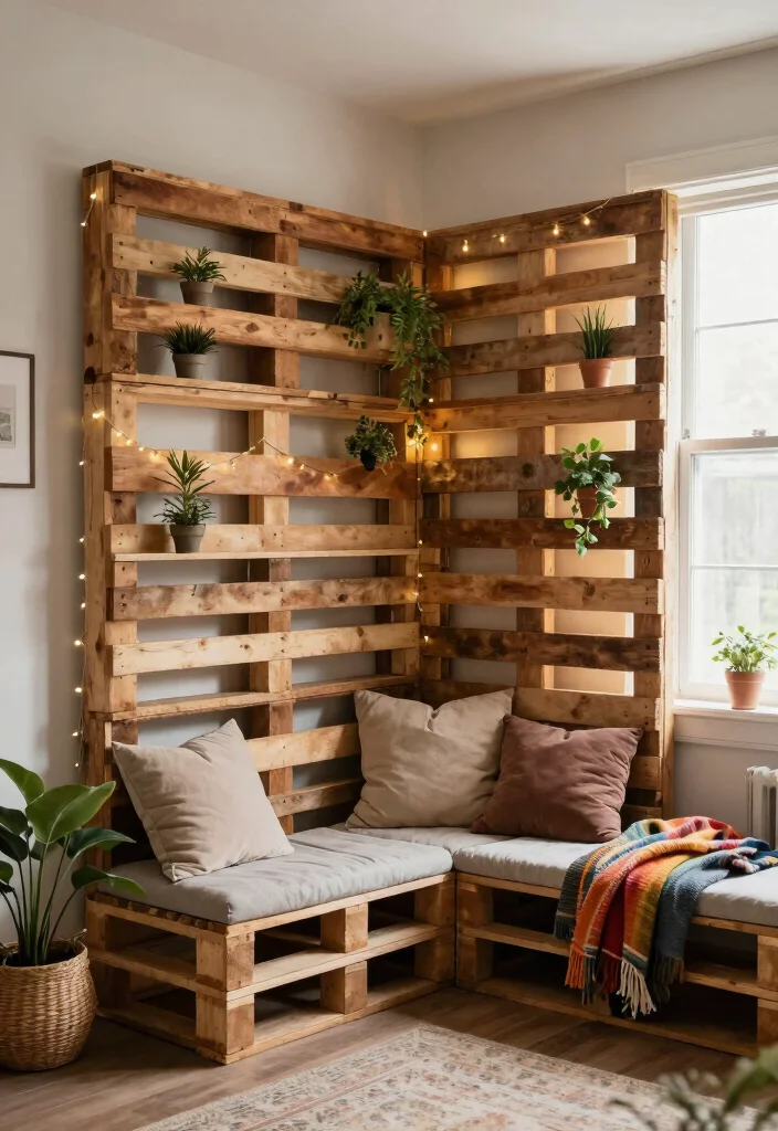 17 Living Room Separator Ideas for Smart Space Division - 10. Rustic Pallet Dividers 1