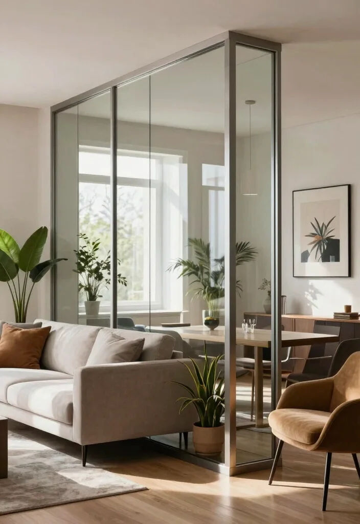 17 Living Room Separator Ideas for Smart Space Division - 11. Glass Partition Walls 1