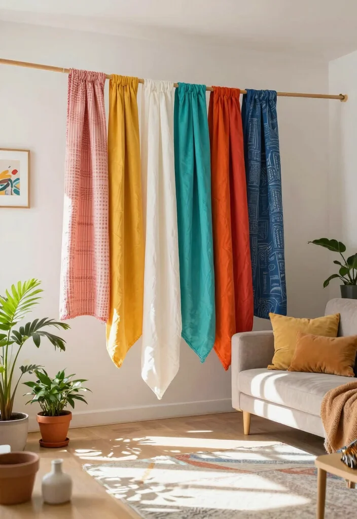 17 Living Room Separator Ideas for Smart Space Division - 13. Tension Rods with Fabrics 1