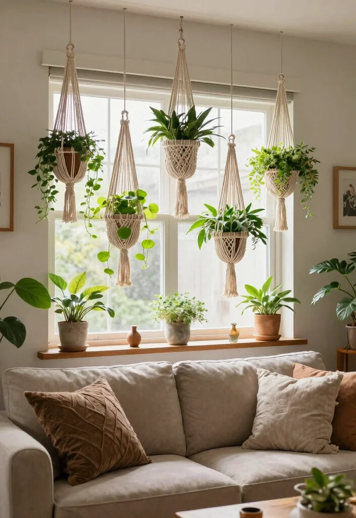 17 Living Room Window Decor Ideas Frame the View Beautifully - 3. Macramé Plant Hangers for a Boho Touch 1