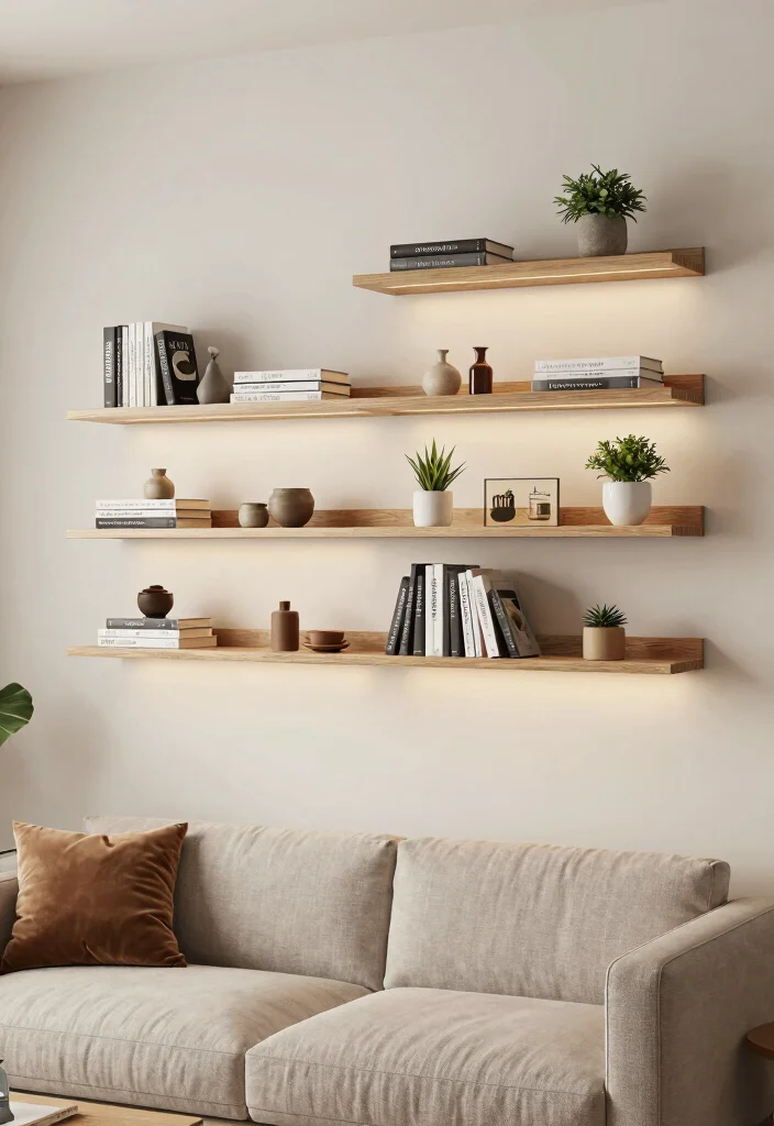17 Second Living Room Ideas for Flexible Extra Spaces - 14. Embrace Wall-Mounted Shelving 1