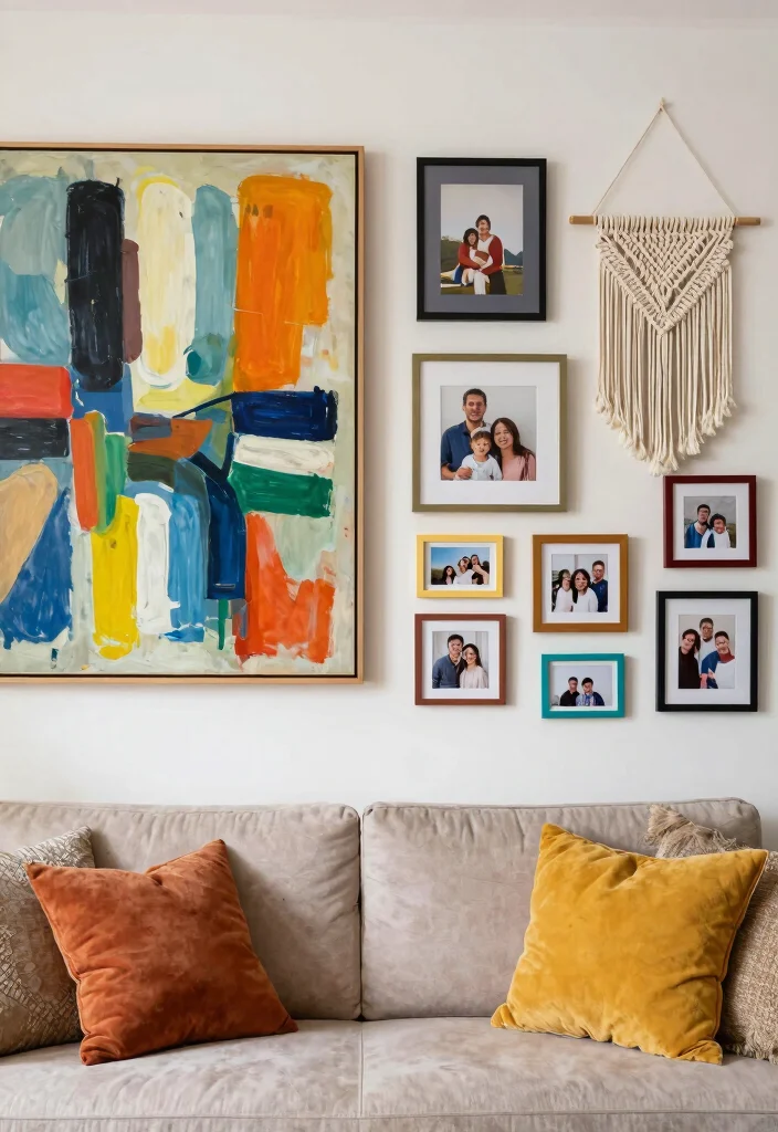 18 Colorful Living Room Inspiration Ideas Full of Personality - 3. Artistic Wall Decor 1