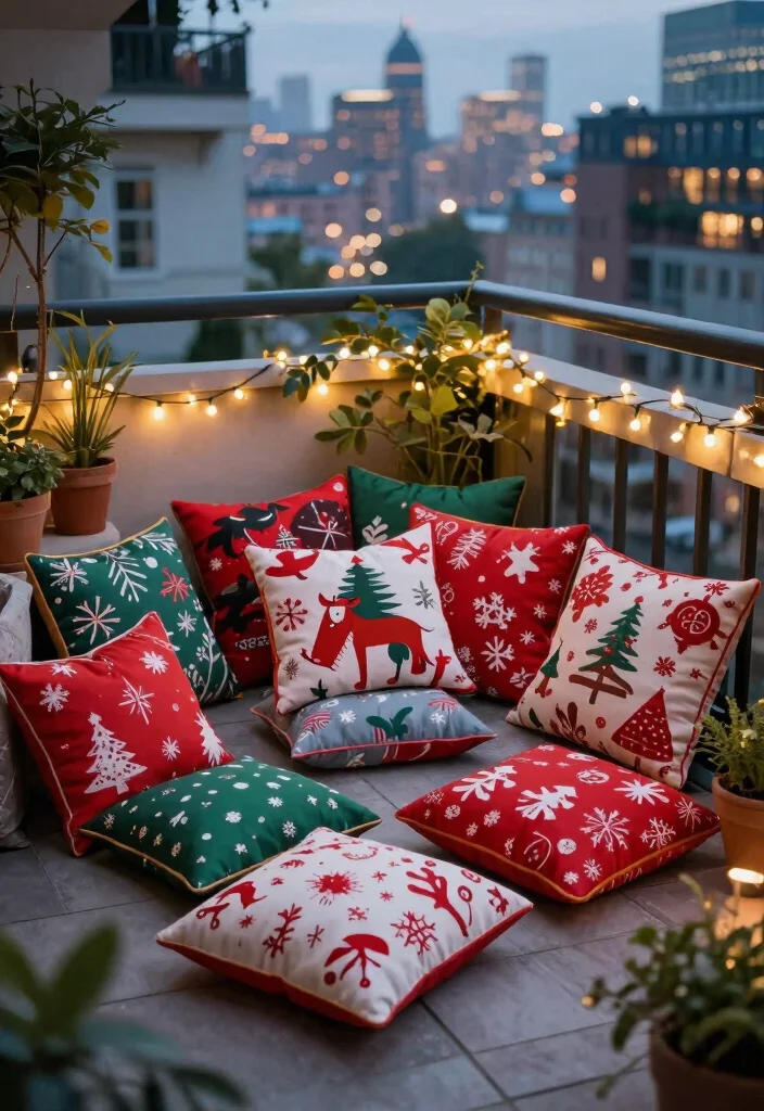 12 Balcony Christmas Decor Ideas for Apartments Without Outlets - 10. Outdoor Cushions 1
