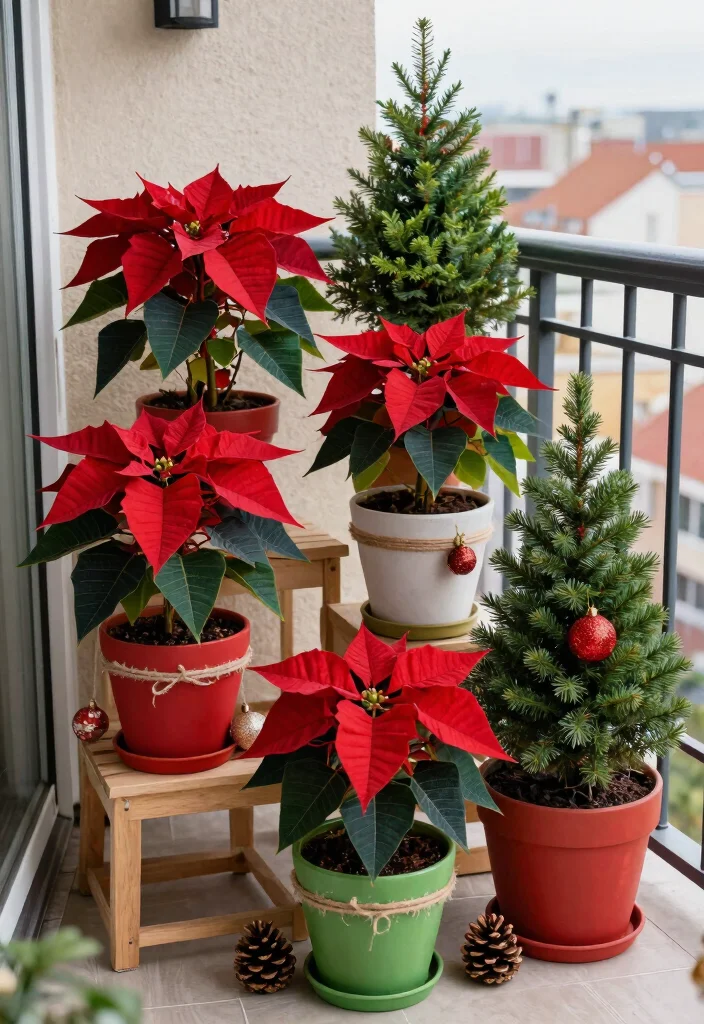 12 Balcony Christmas Decor Ideas for Apartments Without Outlets - 2. Festive Planters 1