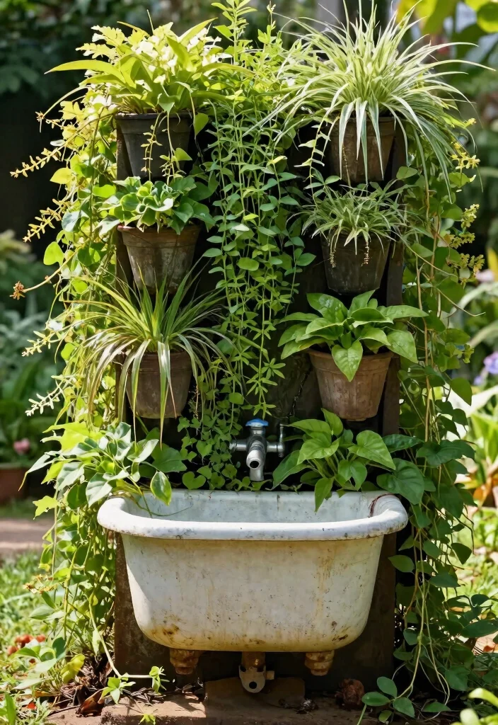 12 Bathtub Planter Ideas That Turn Old Tubs Into Garden Centerpieces - 6. Vertical Garden Tub 1