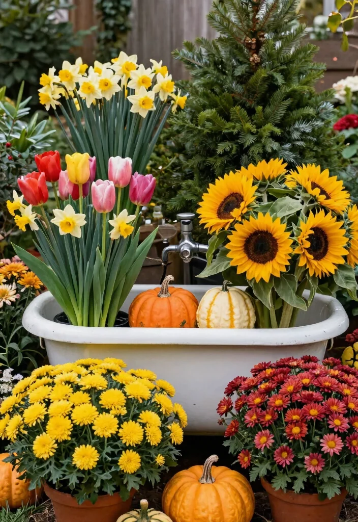 12 Bathtub Planter Ideas That Turn Old Tubs Into Garden Centerpieces - 8. Seasonal Display 1