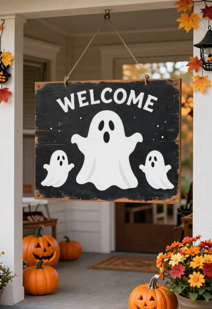 12 Halloween Porch Sign Ideas That Store Flat for Next Year - 8. Ghostly Welcome Sign 1