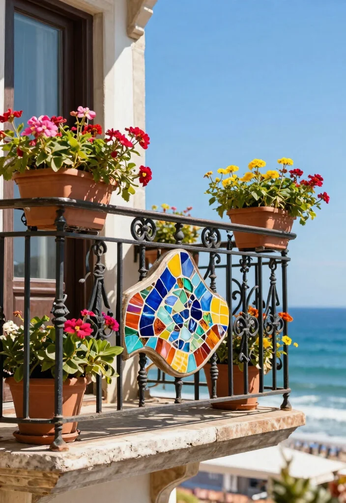 12 Iron Balcony Railing Ideas That Don't Rust in Wet Climates - 10. Artistic Iron Railings with Mosaic Accents 1