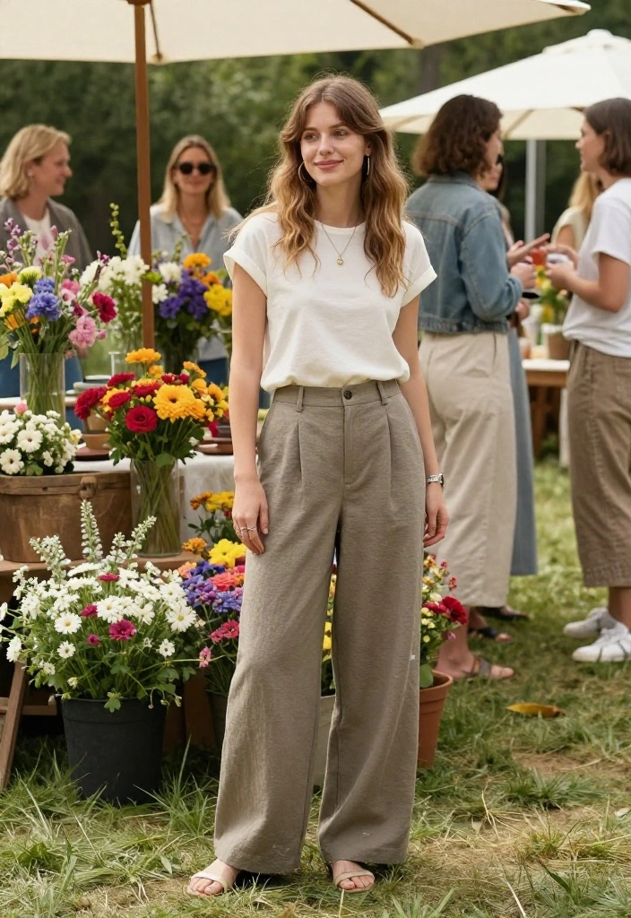 12 Outdoor Party Outfit Ideas That Work From Backyard to Rooftop - 11. Comfortable Wide-Legged Trousers & Simple Top 1